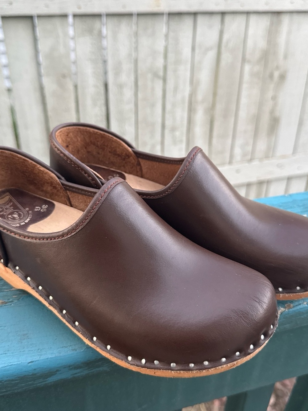 Swedish Hasbeens Dark Brown Leather Studded Clogs